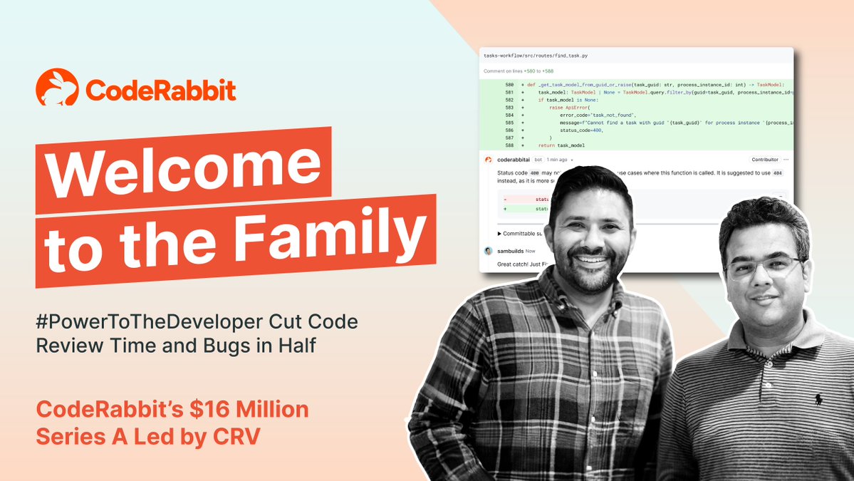 CRV's tweet image. Today we welcome @harjotsgill, @guritfaq and @coderabbitai to the CRV family of companies. CodeRabbit’s AI-driven platform is giving #PowerToTheDeveloper by transforming the way code reviews are done. Congrats on the Series A Team CodeRabbit!
coderabbit.ai/newsroom/serie…