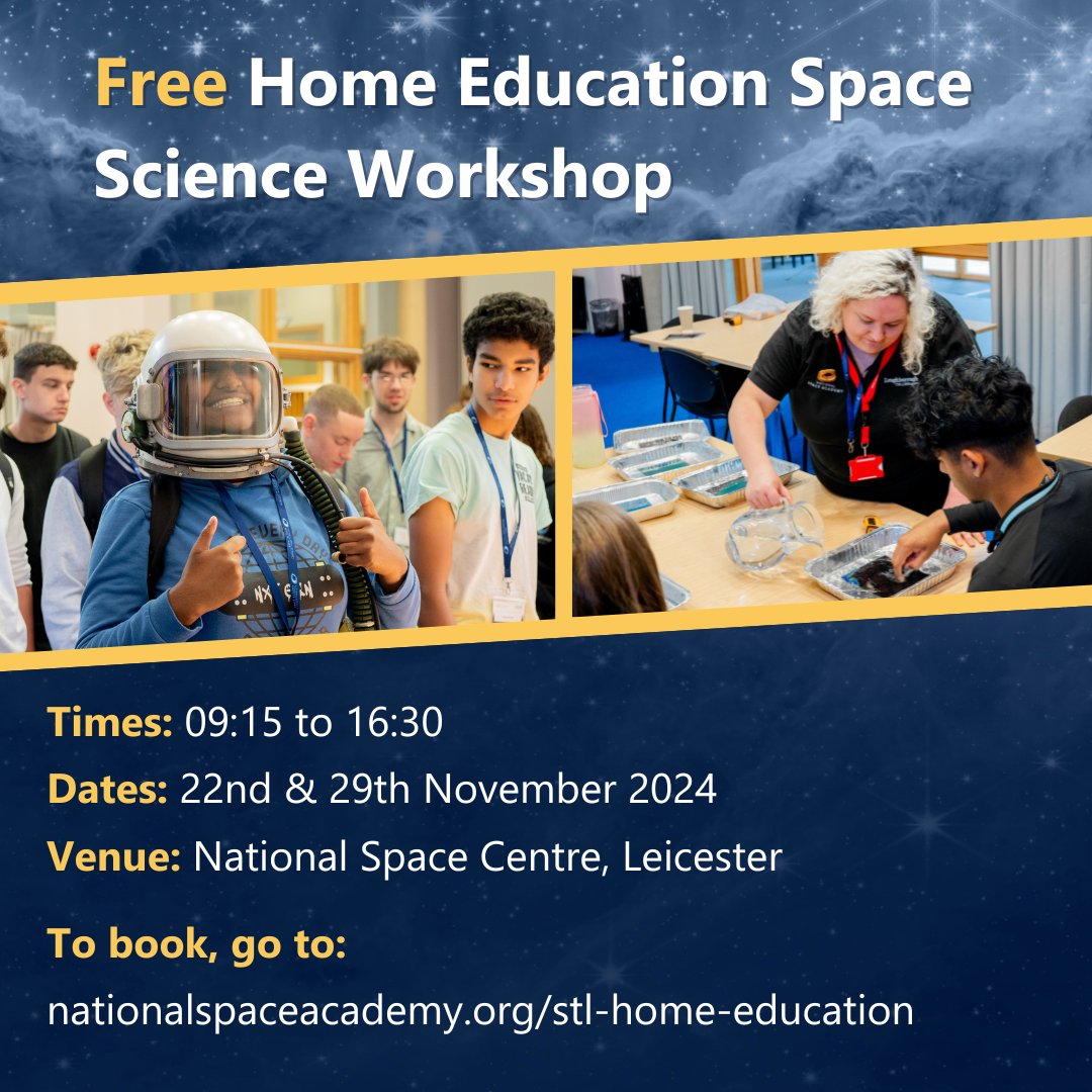📢Calling all home educators!📢 We're running FREE #SpaceToLearn home education workshop days at the National Space Centre this November. Sessions are aimed at students learning at Key Stage 3 &amp; feature a student space science masterclass, educator training, space talks and a
