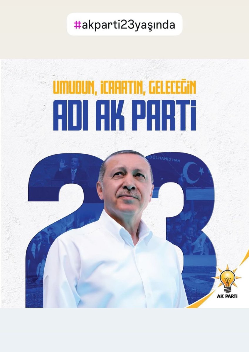 23 sene önce aslında siyasi bir parti kurulmadı Türkiye’nin kaderini geleceğini değiştiren ülkeyi zirveye taşıyan bir oluşumun adımları atıldı. 
 23 yıl önce kurulan sadece siyasi bir parti değildi Türkiye’nin umudu kurtuluşu ve İstiklal mücadelesinin adıydı
#AKParti23Yaşında