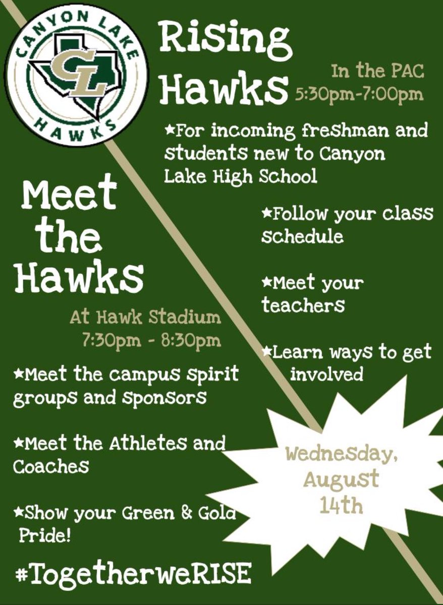 TODAY IS THE DAY!!! We can’t wait to see everyone at these TWO great events! #TogetherweRISE #TodayinComal #Cultivate <a href="/CLHSPrincipal/">Mark Oberholtzer</a> <a href="/Ms_Raabe/">Liesel Raabe</a> <a href="/NLMorrisCLHSAP/">Nicole L Morris</a> <a href="/DrChapmanCISD/">Dr. John E. Chapman III - Comal ISD Superintendent</a> <a href="/cisdnews/">Comal ISD</a> <a href="/CLHS_Counselor/">Sara Johnson</a> <a href="/clhsaca/">Mandy Stefinsky</a> <a href="/canyonlakehs/">CanyonLakeHS_Hawks</a> <a href="/CL_Hawks/">CL Hawk Athletics</a>