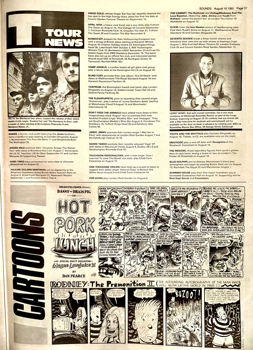 ZoundsAbound's tweet photo. This week’s round up of Record &amp; Tour News with info on #EnglishDogs #RobynHitchcock @MsPattiPatti #RobertFripp @garyusbonds @YandTRocks @BadMannersTour #TheWokfgangPress #SharkTaboo &amp; #TheMekons among many others.

Sounds Aug 10th 1985 https://t.co/b4d0wWS92z