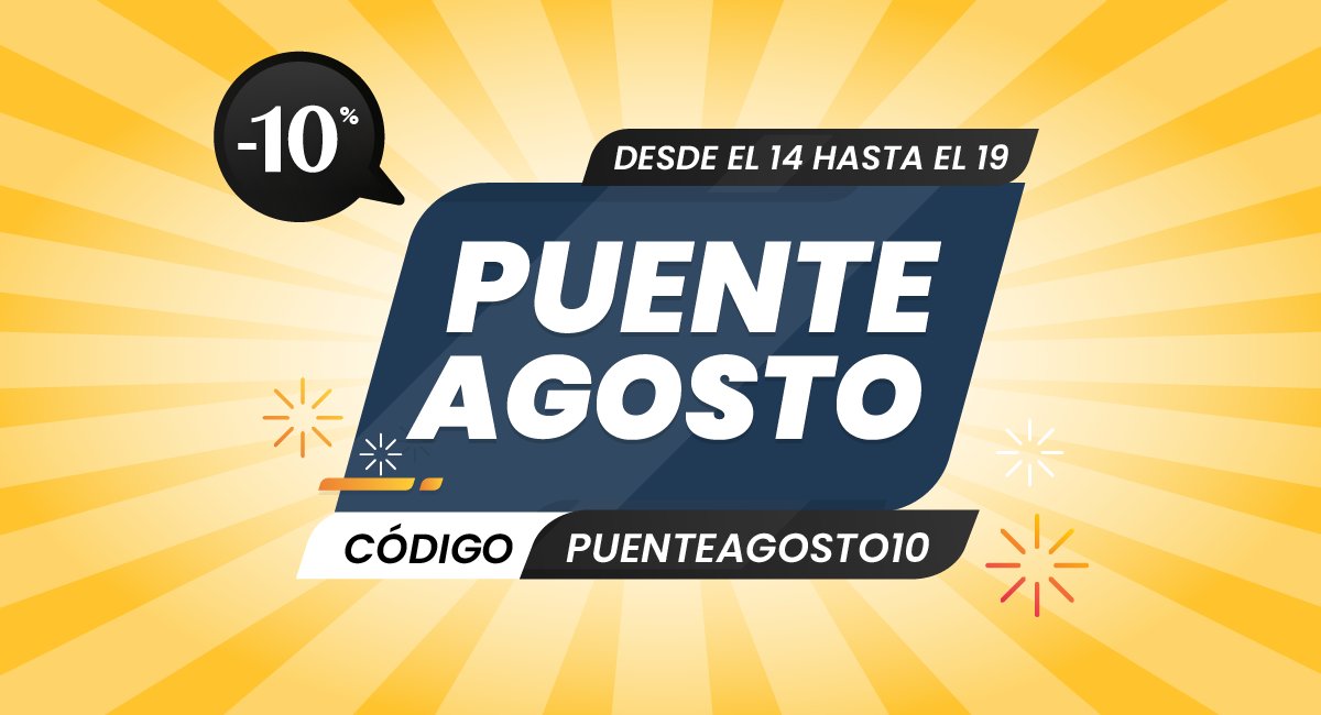 Te lo vamos a poner fácil: 10% de descuento en todo lo que te gusta y más. Sí, sin rodeos ni trucos. 
Desde el 14 al 19 de agosto. 
¡Mete el código PUENTEAGOSTO10 y listo!