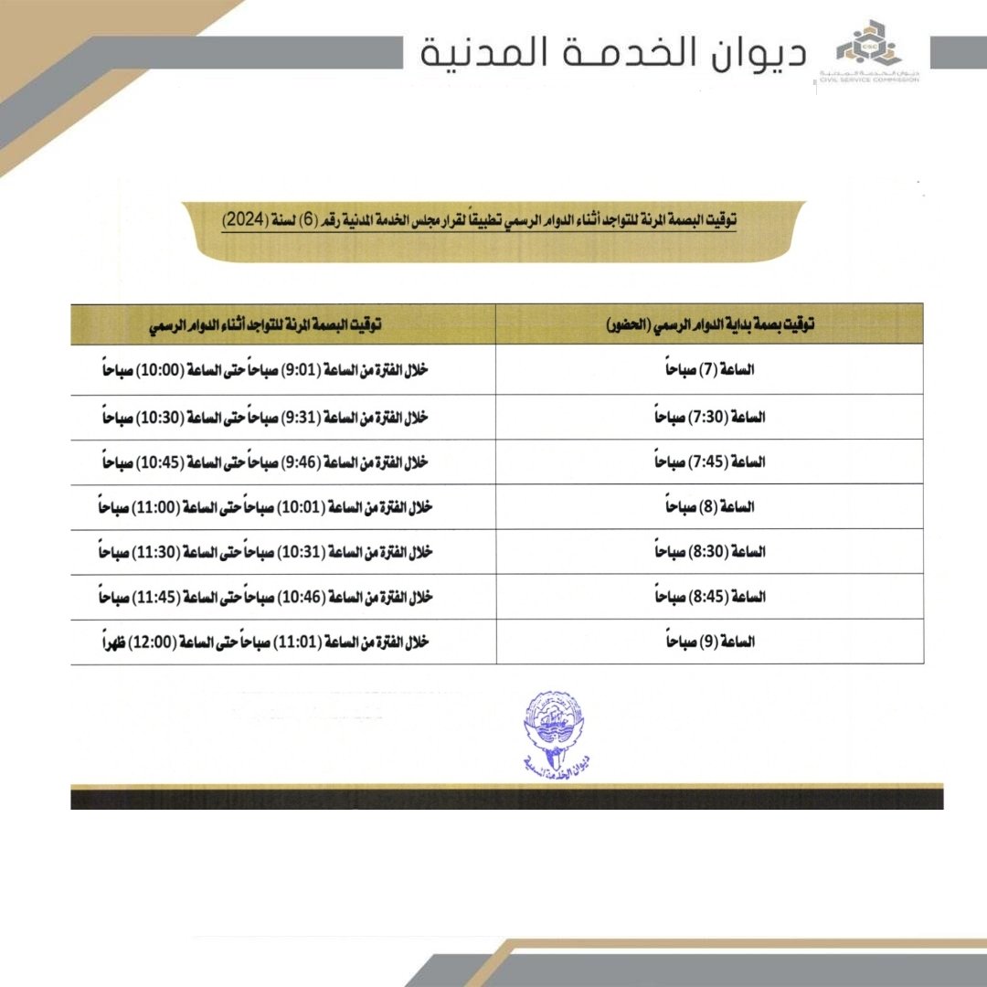 #ديوان_الخدمة_المدنية تعميم رقم ( 9 )
لسنة ( 2024 ) بشأن إثبات البصمة المرنة
للتواجد أثناء الدوام الرسمي .