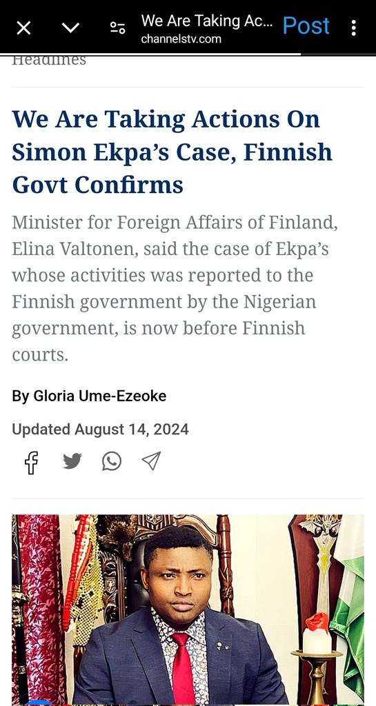 The Finnish Government has disclosed that it is taking action in the case of pro-Biafran agitator, Simon Ekpa, over his secession activities with the Indigenous People of Biafra (IPOB) in the South-East of Nigeria.

Finland’s Minister for Foreign Affairs, Elina Valtonen, made the