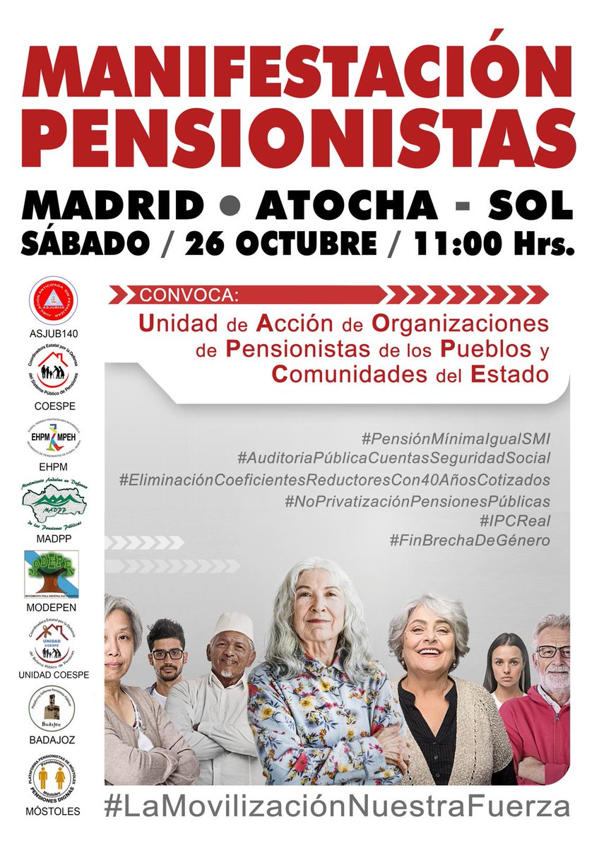 SoliObrera's tweet photo. 🟥MANIFESTACIÓN UNITARIA en defensa del Sistema Público de Pensiones
🔴26 de Octubre en Madrid
11h De Atocha a Sol
#PensiónMinimalgualSMI
#AuditoriaPública
#EliminaciónCoeficientesReductores40Años
#NoPrivatización
#PensionesPúblicas
#IPCReal
#FinBrechaDeGénero https://t.co/oKeSvcj4QK