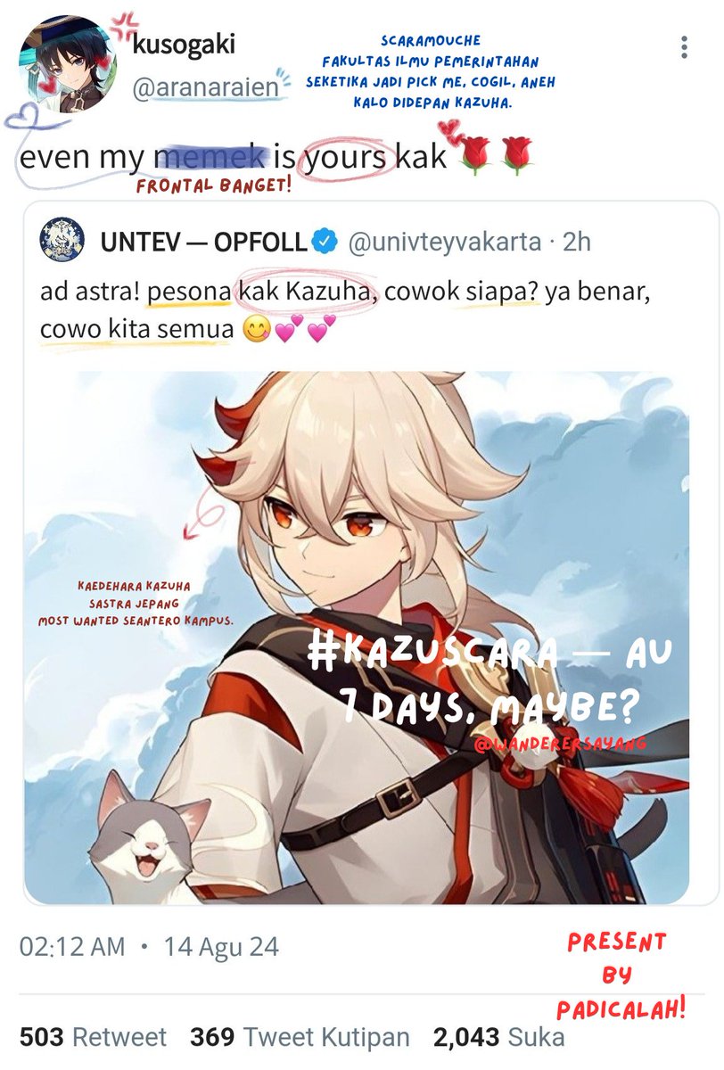ohmnergic's tweet photo. #kazuscara modern au 🔞
— 7 days, maybe?  

Aether ngasih challenge ke Scaramouche supaya berhenti bersikap pick me dan cogil didepan Kazuha selama 7 hari, saksikan lah bagaimana respon Kazuha. https://t.co/3Gn8UdZz71