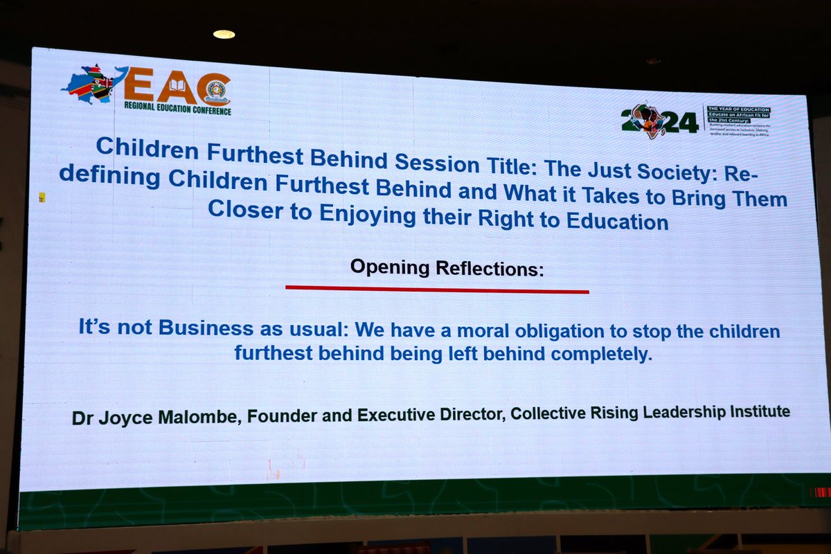 ReliAfrica's tweet photo. Dr. Joyce Malombe, Founder Collective Rising Leadership Institute challenging participants to stop the children furthest behind being left behind completely noting that it is business as usual. #EACEducationConference #EducationForAll #EACREC2024 #AUYearofEducation https://t.co/R8BGC34ml8