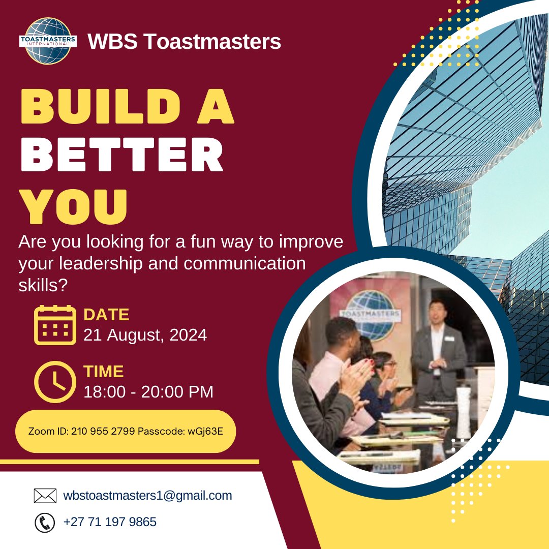 ToastmastersWBS's tweet photo. Looking to improve your leadership and communication skills? 🗣️ Join us for the WBS Toastmasters meeting on 21 August 2024 from 18:00 - 20:00 PM!

For more info, contact: wbstoastmasters1@gmail.com | +27 71 197 9865

#Leadership #Communication #Toastmasters #PublicSpeaking https://t.co/mecZrbLFja