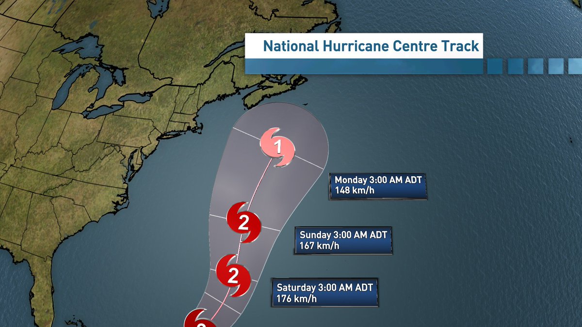 tsimpkin's tweet image. Right now the @NHC_Atlantic has Ernesto becoming a Cat 3 , dissipating but still hanging on to Cat 1 strength as it heads towards NS.  The track and strength may change between now and then.   #nsstorm #nbstorm #peistorm (forecasted Sustained winds in km/h)
