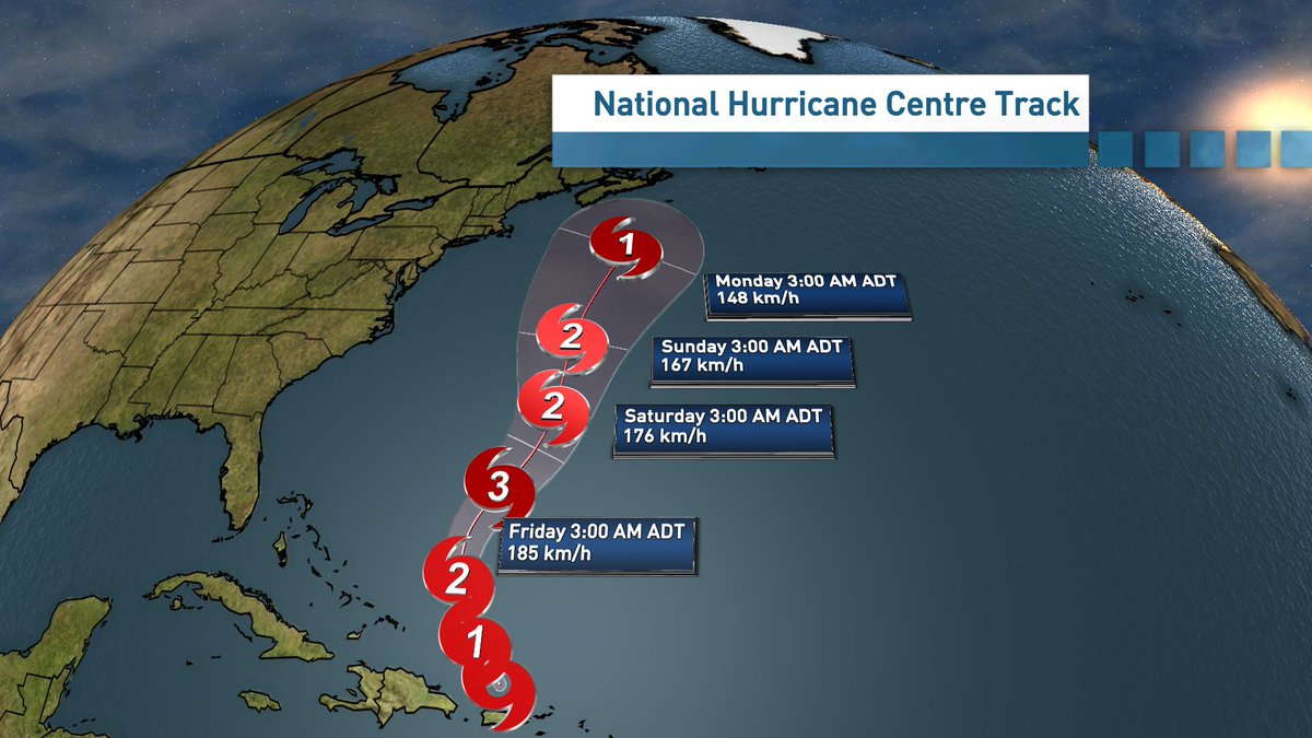 tsimpkin's tweet image. Right now the @NHC_Atlantic has Ernesto becoming a Cat 3 , dissipating but still hanging on to Cat 1 strength as it heads towards NS.  The track and strength may change between now and then.   #nsstorm #nbstorm #peistorm (forecasted Sustained winds in km/h)