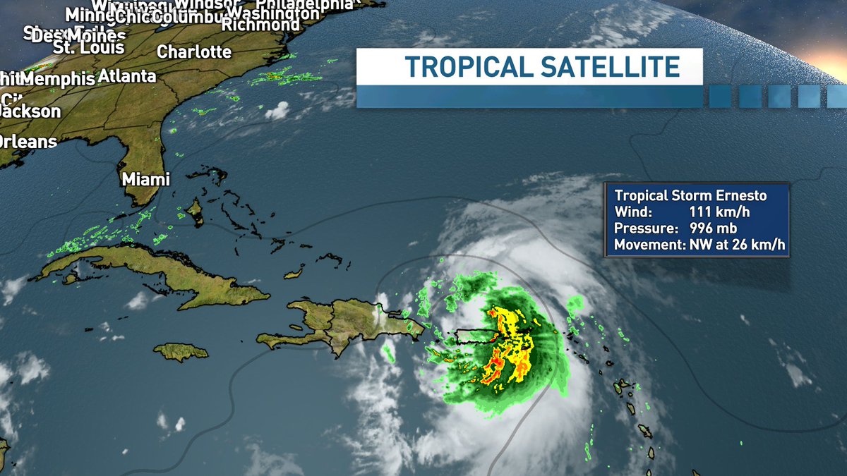 Tina Simpkin (@tsimpkin) on Twitter photo Right now the <a href="/NHC_Atlantic/">National Hurricane Center</a> has Ernesto becoming a Cat 3 , dissipating but still hanging on to Cat 1 strength as it heads towards NS. The track and strength may change between now and then. #nsstorm #nbstorm #peistorm (forecasted Sustained winds in km/h) Right now the <a href="/NHC_Atlantic/">National Hurricane Center</a> has Ernesto becoming a Cat 3 , dissipating but still hanging on to Cat 1 strength as it heads towards NS. The track and strength may change between now and then. #nsstorm #nbstorm #peistorm (forecasted Sustained winds in km/h)