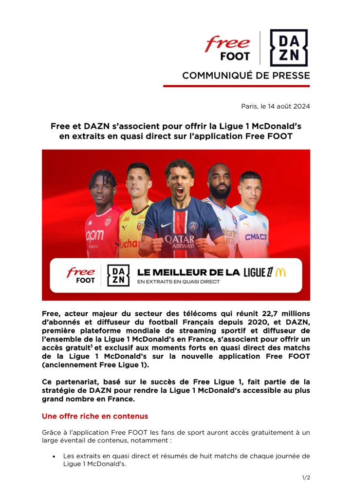 Thomas REYNAUD (@tomreynaud1789) on Twitter photo 💥⚽️@FreeLigue1 devient FreeFoot et s’associe avec <a href="/DAZN_FR/">DAZN France</a> pour offrir la <a href="/Ligue1/">Ligue 1 McDonald's</a> McDonald’s en extrait en quasi direct à tous les fans de football. @Free + que jamais fidèle à ses valeurs. #MerciFree, Merci <a href="/DAZN_FR/">DAZN France</a> #football
iliad.fr/media/CP_14082… 💥⚽️@FreeLigue1 devient FreeFoot et s’associe avec <a href="/DAZN_FR/">DAZN France</a> pour offrir la <a href="/Ligue1/">Ligue 1 McDonald's</a> McDonald’s en extrait en quasi direct à tous les fans de football. @Free + que jamais fidèle à ses valeurs. #MerciFree, Merci <a href="/DAZN_FR/">DAZN France</a> #football
iliad.fr/media/CP_14082…
