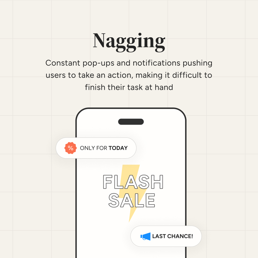 ascionline's tweet image. Resist Nagging Tactics!

 In our latest report, we have analysed how constant pop-ups and notifications can keep bothering users to take specific actions.

Dive deeper in our report: consciouspatterns.in/deceptive-patt…

#ConfirmShaming #DarkPatterns #ASCIAcademy