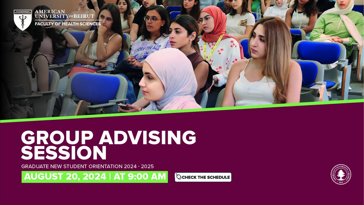 FHS_AUB's tweet photo. New #FHS students! The Undergraduate and Graduate Group Advising Session starts on August 20. Be many!
Check the full program ๐ https://t.co/vYpfPI55Yh
#FHSers #students #AUB #PublicHealth https://t.co/IHpc19MOJP