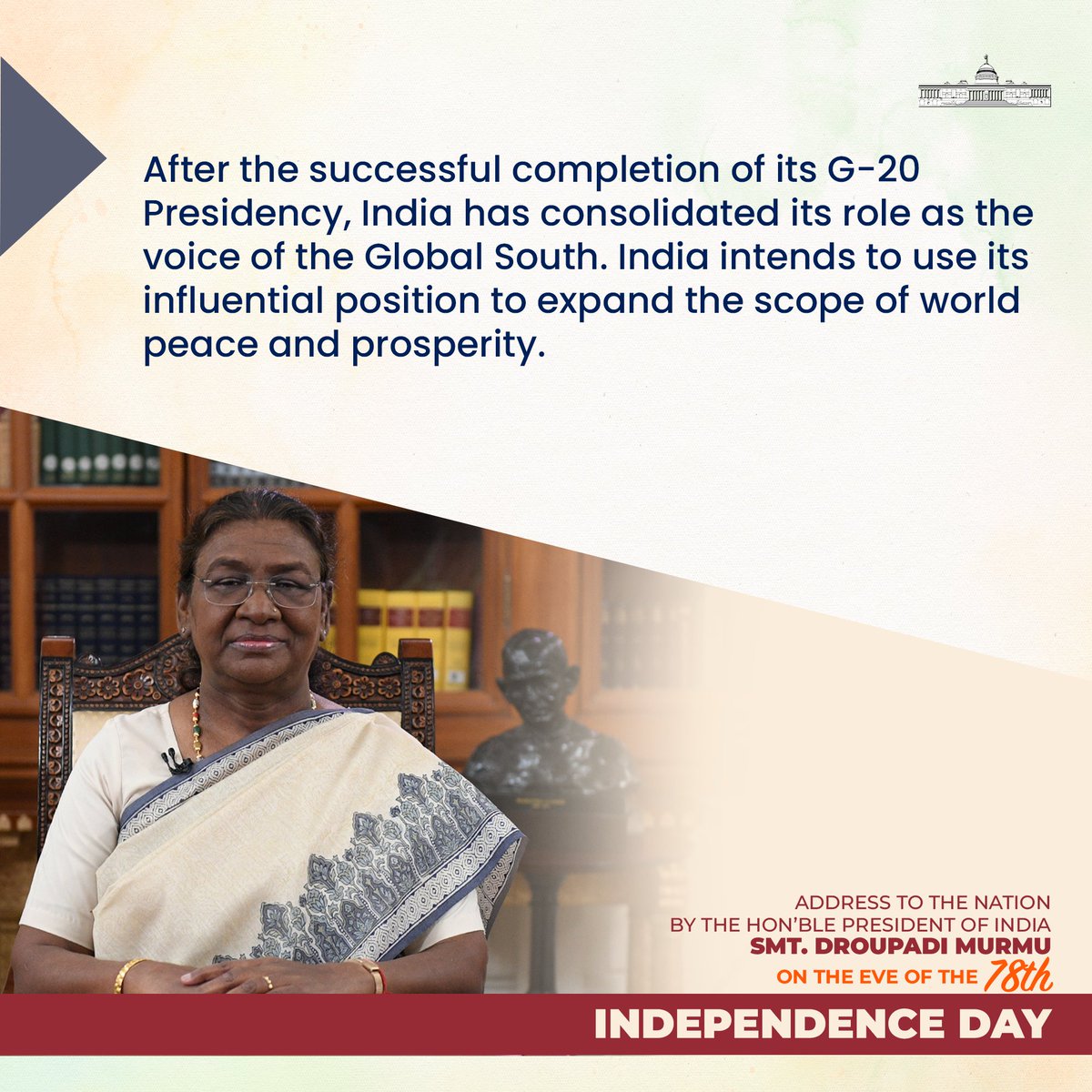 rashtrapatibhvn's tweet photo. After the successful completion of its G-20 Presidency, India has consolidated its role as the voice of the Global South. India intends to use its influential position to expand the scope of world peace and prosperity. https://t.co/FQtyMGseMq