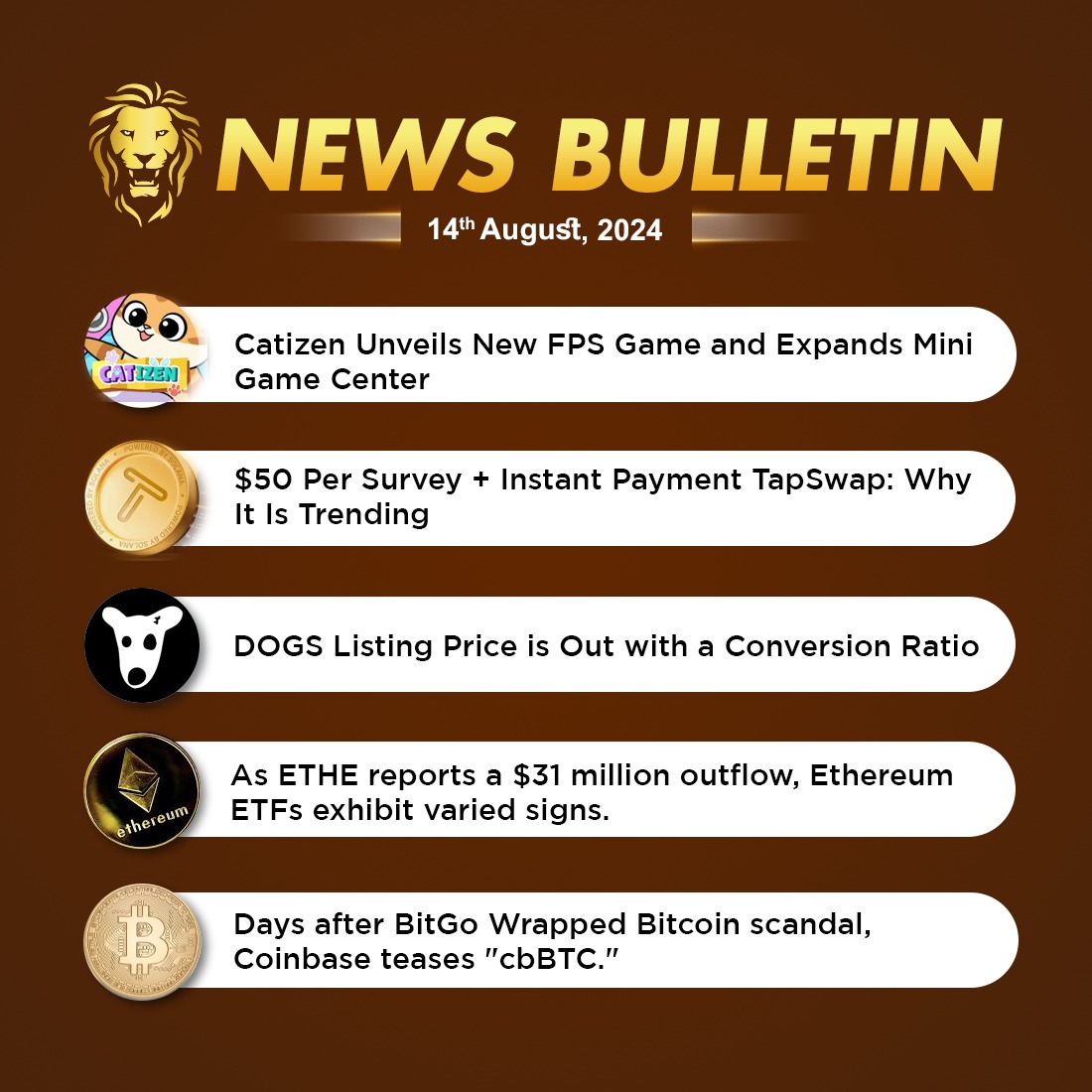 coin_gabbar_'s tweet photo. #CoinGabbar Latest News Bulletin: August 14th, 2024
Read More News:- https://t.co/XhJVsXJHC5
#CryptoNews #TapSwapNews #NewFPSGame #TapSwap #DOGSListing #dogslistingprice #EthereumETFs #BitGo #Bitcoin #Coinbase #cryptocurrencynews