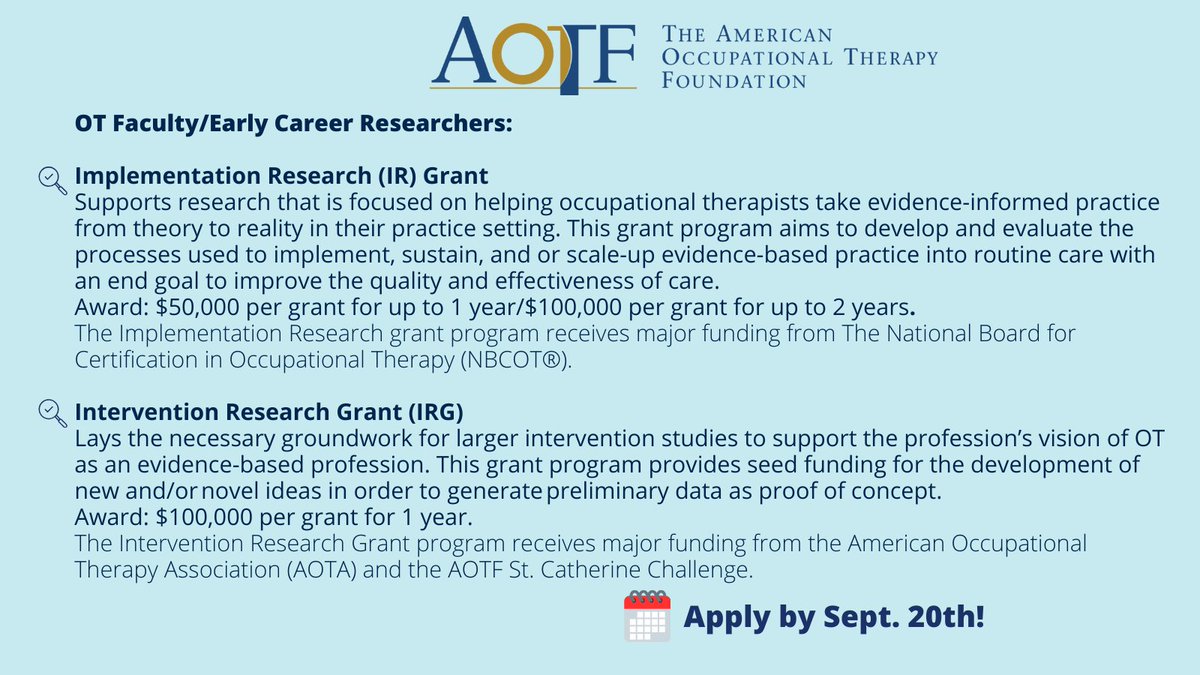 AOTFoundation's tweet image. 🚨 Applications are now open for AOTF’s 2025 Research Grants! Secure up to $100,000 for your OT project. Transform evidence into action—apply by Sept 20! 💡
 
Learn more: ow.ly/6Fhh50SWfj7
#OTResearch #AOTFGrants #EvidenceToAction  #ResearchFunding #OccupationalTherapy