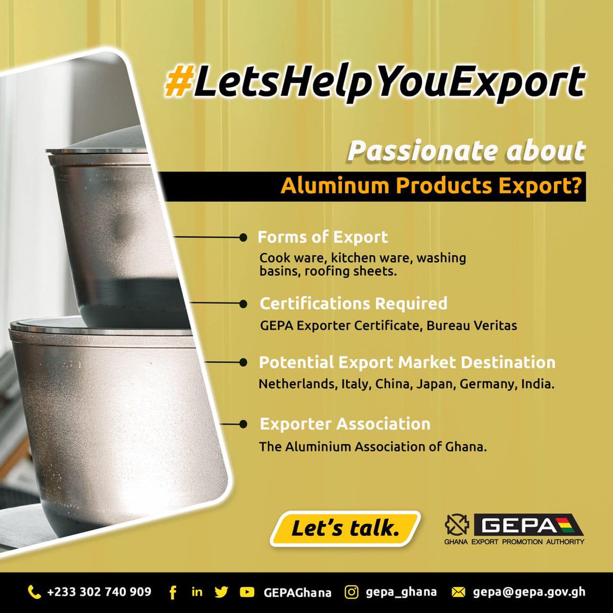 GEPAGhana's tweet photo. It’s #LetsHelpYouExport Wednesday and today is for people who are passionate about Aluminum Products Exports.
It’s not too late to start. Make that move now!
#letshelpyouexport #ExportGhanaExportMore #NEDS #aluminiumexport https://t.co/ba6oQXR0oZ