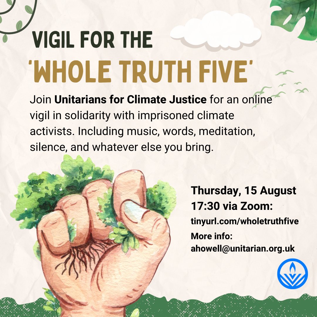 Join Unitarians for Climate Justice tomorrow at their online vigil tomorrow in solidarity with climate activists who have been imprisoned for protesting to protect our planet. 💚facebook.com/events/1020000…