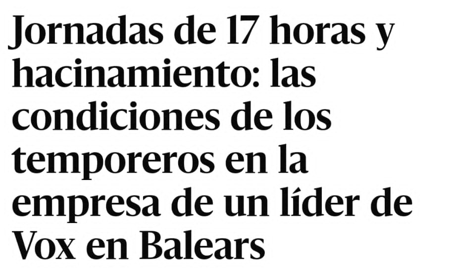 Este es Toni Gili, de V🤡X.

Parece ser que en pleno siglo XXI, explota a personas con jornadas de hasta 17 horas y hacinándolos en casas prefabricadas.

No lo difundáis, que la gente va a dejar de creer samierda de que son laspañaquemadruga.
🤡🤡🤡🤡🤡