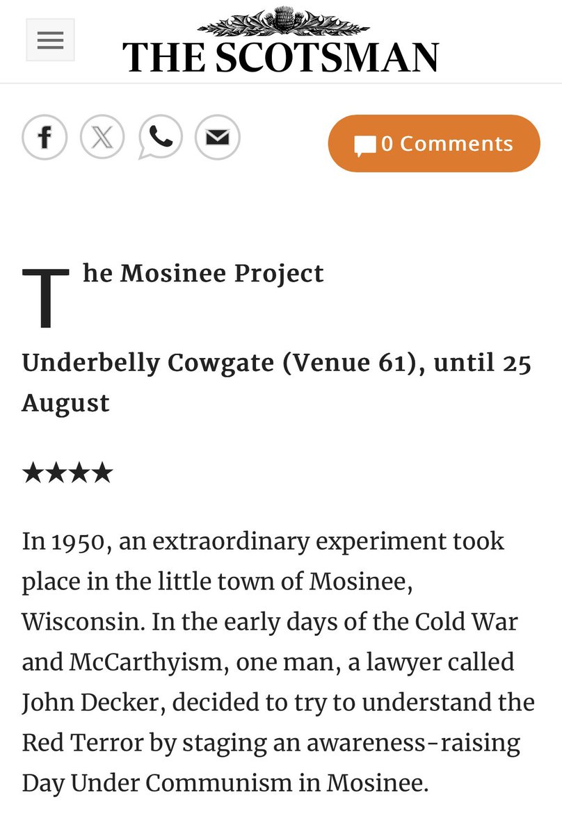 Counterfactual (@_counterfact) on Twitter photo We’re delighted to be a part of this line-up - with a ⭐️⭐️⭐️⭐️ review of The Mosinee Project! Thank you <a href="/scotsman_arts/">Scotsman Arts</a>!
‘A fascinating piece of history, skilfully explored’
‘A compelling piece of theatre, inventively staged’ We’re delighted to be a part of this line-up - with a ⭐️⭐️⭐️⭐️ review of The Mosinee Project! Thank you <a href="/scotsman_arts/">Scotsman Arts</a>!
‘A fascinating piece of history, skilfully explored’
‘A compelling piece of theatre, inventively staged’