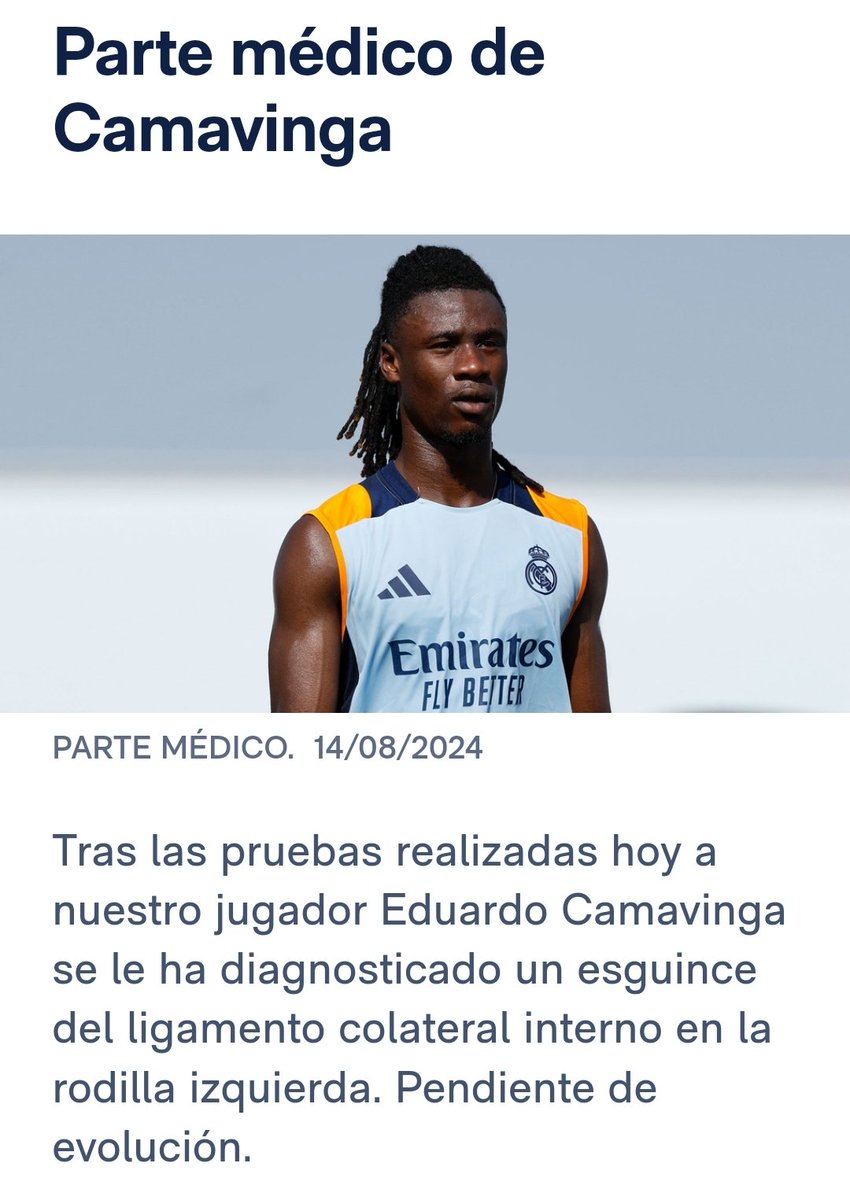 🚑 Parte médico de Camavinga.
Como avanzó ayer <a href="/JLSanchez78/">José Luis Sánchez 🇪🇸</a> , no es de máxima gravedad. 
🤕 Esguince en la rodilla, 6/7 semanas fuera de la competición. 👌🏽 Se espera su vuelta para principios de octubre.