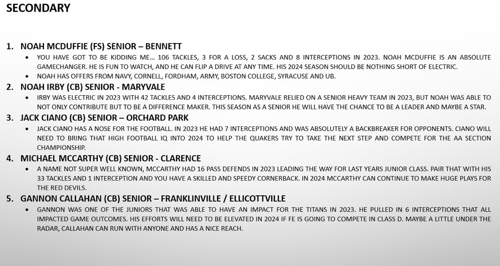 Joshua Hosier (@finishurblocks) on Twitter photo Day 6 of #SectionVi players to watch. Today is DB’s. Another day leaving out incredible players but only 5 can be on this list. <a href="/JackCiano23/">Jack Ciano</a> <a href="/noah_mcduffie11/">Noah</a> <a href="/Noahirby23/">Noah irby</a> <a href="/WNYTomPrince/">Tom Prince</a> <a href="/MrSection6/">Section 6 Football</a> <a href="/Section6_NY/">Section 6 & Monsignor Martin Sports</a> Day 6 of #SectionVi players to watch. Today is DB’s. Another day leaving out incredible players but only 5 can be on this list. <a href="/JackCiano23/">Jack Ciano</a> <a href="/noah_mcduffie11/">Noah</a> <a href="/Noahirby23/">Noah irby</a> <a href="/WNYTomPrince/">Tom Prince</a> <a href="/MrSection6/">Section 6 Football</a> <a href="/Section6_NY/">Section 6 & Monsignor Martin Sports</a>