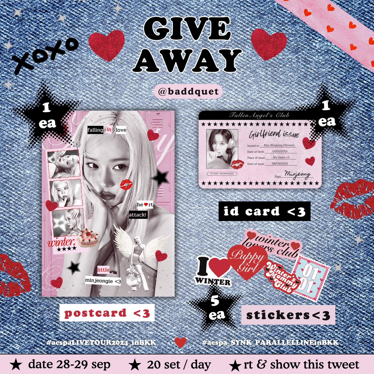 lourirouli's tweet photo. ♥︎ pls kindly rt, 
winter aespa  giveaway 💋♥︎
☆ 1 person/set — stickers 5 ea + postcard 1 ea + id card 1 ea 🎀☆ 

♥︎— 28-29/sep/2♡24
♡— 20 set/day 

⏰ : TBA  ❨💌❩
🎪 : IMPACT ARENA ♥︎ 
*for exchange dm*

#aespaLIVETOUR2024_inBKK 
#aespa_SYNK_PARALLELLINEinBKK https://t.co/a0qzPr5ZvA