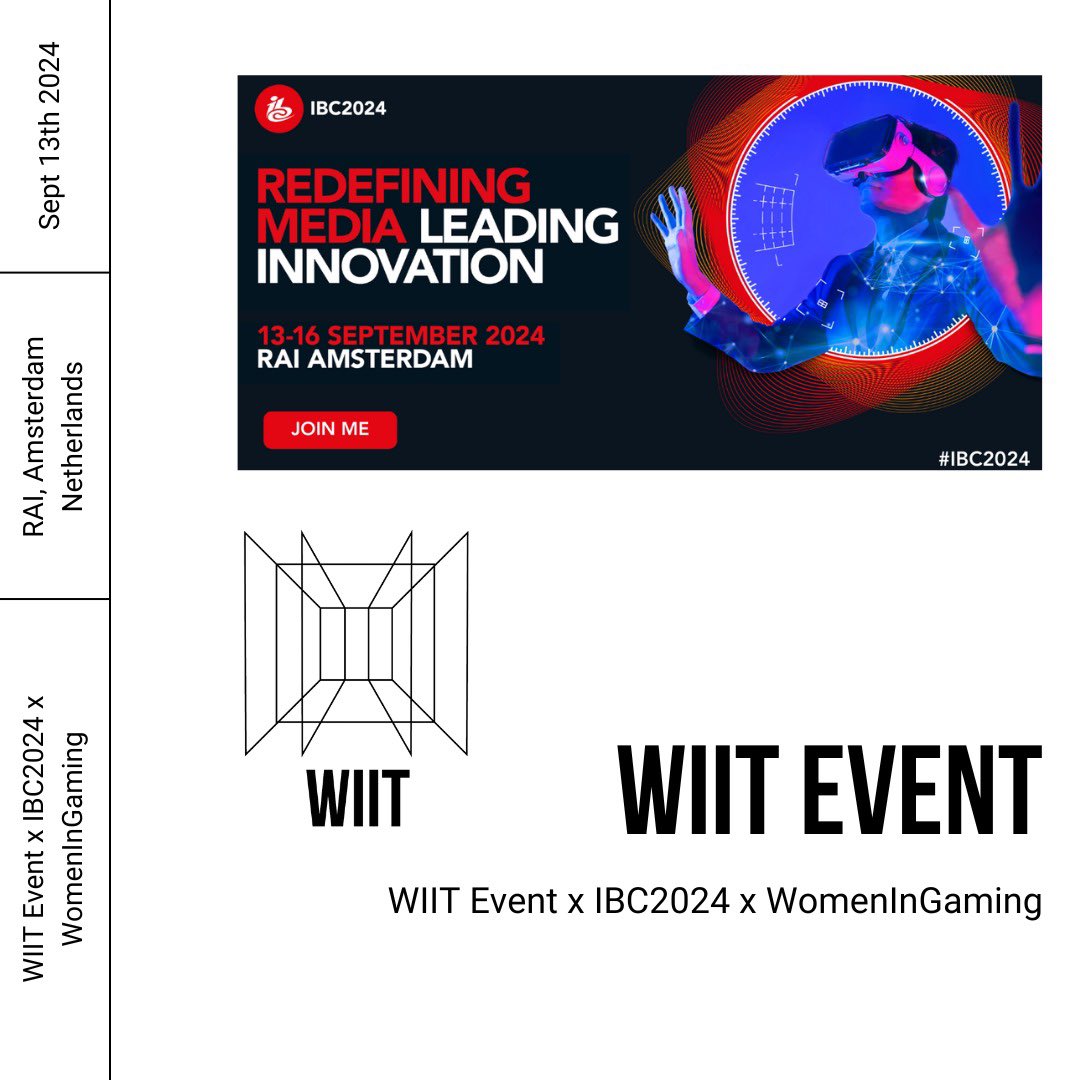 Women In Immersive Technologies Europe (@wiit_europe) on Twitter photo 🗓️ **Save the Date: Sept 13-16** 🗓️
<a href="/WiiT_Europe/">Women In Immersive Technologies Europe</a> is teaming up with <a href="/IBCShow/">IBC</a> 2024 in Amsterdam!
Join us for a power-packed double event on Sept 13th - an inspiring panel with <a href="/GETWIGI/">Women in Games International (WIGI)</a> + a meetup! 🚀🎮
#IBC2024 #XR #WomenInTech #GameChangers #Innovation 🗓️ **Save the Date: Sept 13-16** 🗓️
<a href="/WiiT_Europe/">Women In Immersive Technologies Europe</a> is teaming up with <a href="/IBCShow/">IBC</a> 2024 in Amsterdam!
Join us for a power-packed double event on Sept 13th - an inspiring panel with <a href="/GETWIGI/">Women in Games International (WIGI)</a> + a meetup! 🚀🎮
#IBC2024 #XR #WomenInTech #GameChangers #Innovation