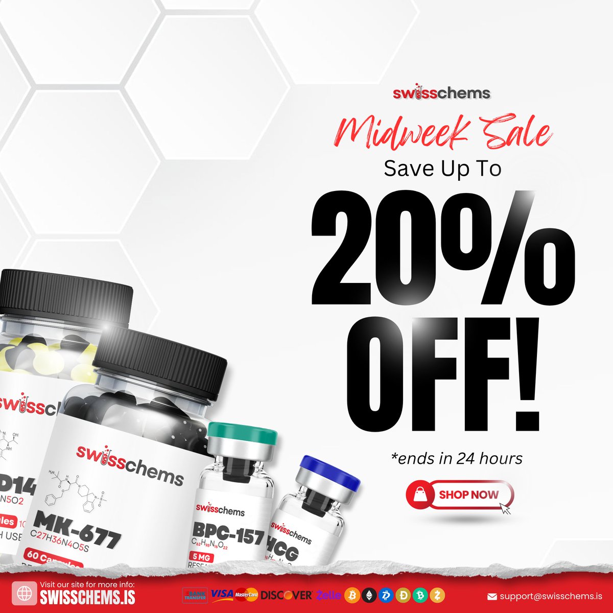 SwissChemsNew's tweet photo. 🚨 The Midweek Sale is LIVE! 🚨

Don’t miss out on huge savings on your favorite SARMs, peptides, and more! 🛒💥

Shop Now and elevate your research 👉 https://t.co/XPUAREuHtu

#Swisschems #MidweekSale #BigSavings #ResearchEssentials #ShopNow https://t.co/03AK6PAvAP