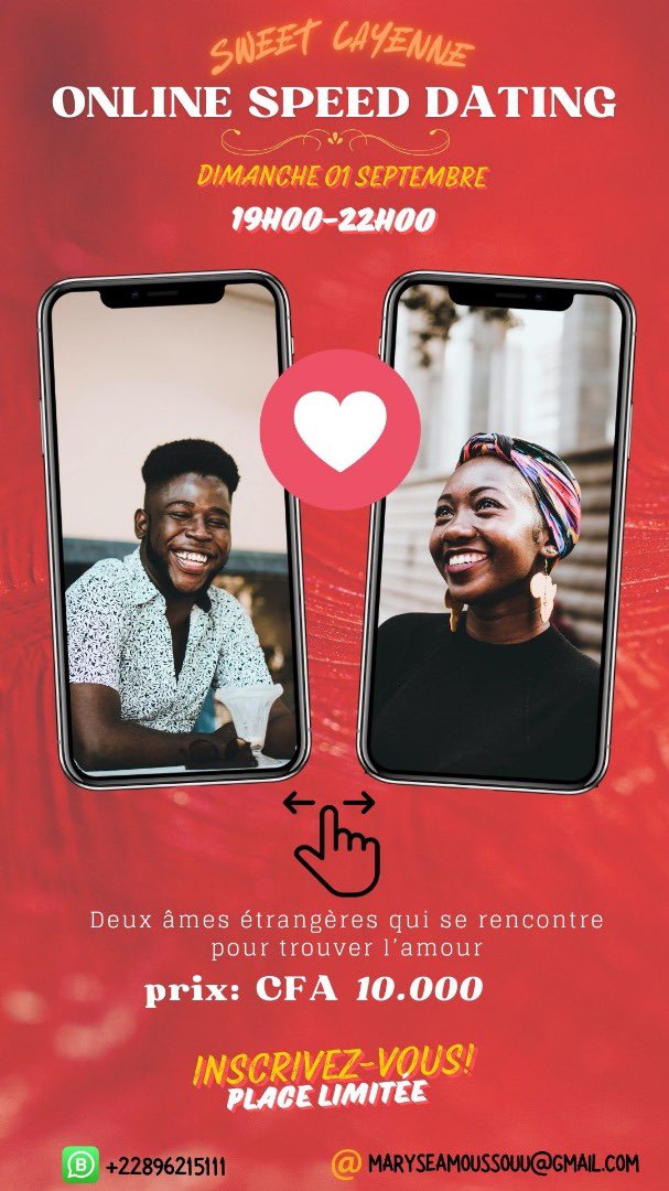 Vous êtes fatigués d’être célibataire, vous vous sentez seul ? Envie d’apprendre à connaître quelqu’un ?!? Inscrivez-vous au « Sweet Cayenne’s speed dating » On vous crée un profil en ligne et on vous aide à trouver votre match
Infoline :  +22896215111