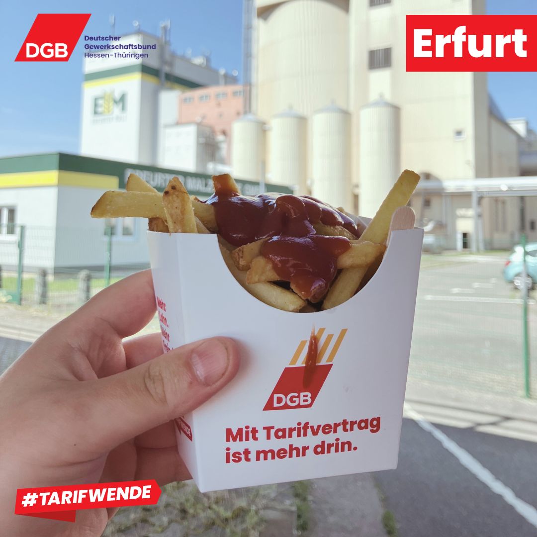 🍟Mehr Pommes mit Tarifvertrag! Über eine Woche lang tourte das DGB-#Frittenmobil durch Thüringen, um auf die sinkende #Tarifbindung hinzuweisen. Danke an alle Beteiligten! Was die Thüringer Parteien zur Tarifbindung sagen👉hessen-thueringen.dgb.de/themen/++co++b…. 
#tarifwende
