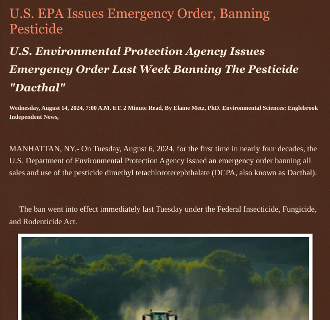 ArtFletcher9's tweet photo. U.S. EPA Issues Emergency Order, Banning Pesticide https://t.co/27obslENqB via @Englebrooknews @EPA #pesticide #ban #DCPA #farm #workers #emergencyorder @wireless_step @HRG_Media @thepatersonian @LodiNJNews @Breaking911 @WarhammertimeII @SugarMAGA @fordmb1 @TJ_Patriot1 @janninereid1 @Daytobehappy @SarahGeving1 @Shannon96574094 @Kimberley1usa @gator4kb18 @MichelleF_35 @TrumpWasRite @USATRUMPMAN1 @KathyKbrose @juliepatriot67 @julie_dutto @RobGerundo @JimBobW49 @jimstemen @Y6s8D8vmnCo394k @SAM002024 @ramsey_lewis007 @qfd_bruce @DSteampipe @colacasia2