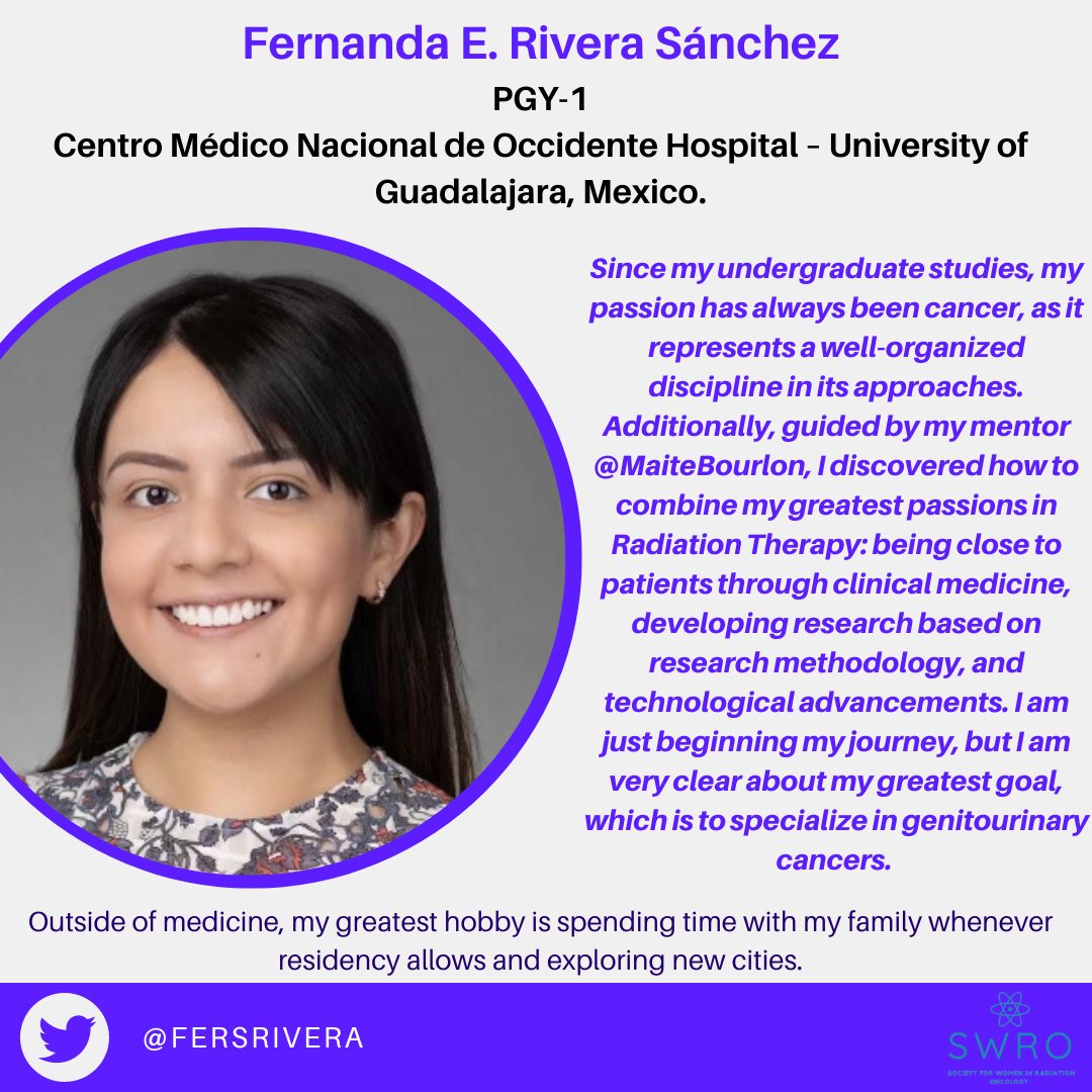 S_W_R_O's tweet image. This #WeWhoCurieWednesday, we feature Dr. @FersRivera 🥳

Dr. Rivera Sánchez is a PYG- 1 at Centro Médico Nacional de Occidente Hospital – University of Guadalajara, Mexico ☢️

Outside of work, she loves to spend time with her family (We LOVE #RadOncs who value family time! ♥️)