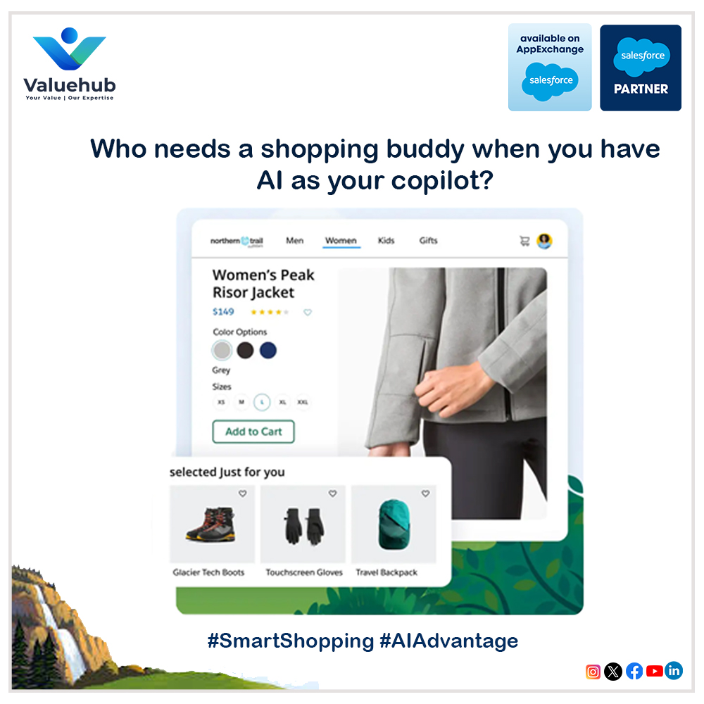 ValueHub_'s tweet photo. Transform your user experience with #CommerceAIππ¬
βΆ Copilot for Shoppers simplifies product searches and streamlines purchases π²π
βΆ Einstein Product Recommendations suggests tailored products ππ―
#Commerce #salesforce #askmoreofai https://t.co/QxuOek93ic