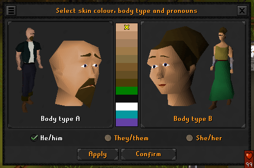 BelfastBumble's tweet photo. @Shiny_SSB @OldSchoolRS I read the update thanks, I guess you misunderstood. I'm defaulted to 'body type A' 'he/him' without selecting anything, why cant I remain a male character?  Its being forced onto the majority of people who don't want it. Your missing the point... https://t.co/RBUEnbjkXi