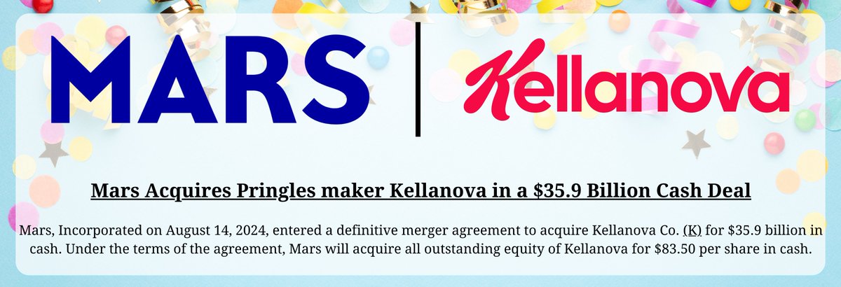 DataDad's tweet photo. @capitalflows InsideArbitrage on X: "Mars Acquires Pringles Maker Kellanova $K in a $35.9 Billion Cash Deal - 🍬Mars will acquire all outstanding equity of Kellanova for $83.50 per share in cash, representing a premium of 12.08% from the stock’s last close. https://t.co/i1k9ffXF7J" / X