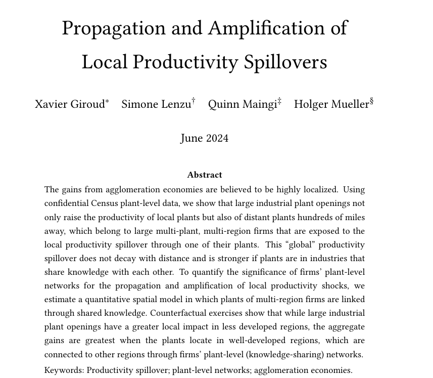 ecmaEditors's tweet photo. The gains from agglomeration are believed to be highly localized. New research shows that large industrial plant openings not only raise the productivity of local incumbent plants but also of distant plants hundreds of miles away https://t.co/r0vG4QNPuV https://t.co/5xWwuqjPwe