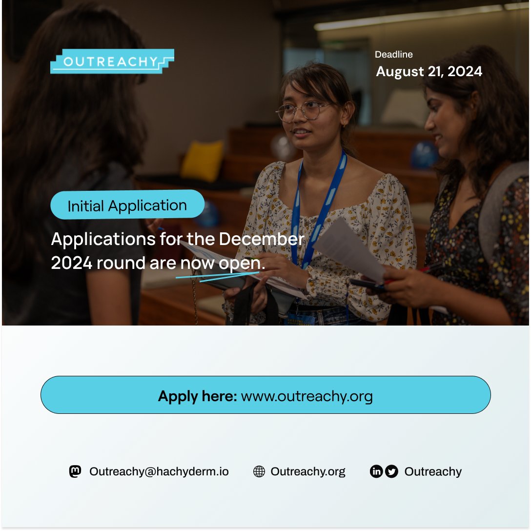 Applications are now open for the Dec. 2024 cohort.
The application deadline is a few days. outreachy.org/dashboard/

Don't forget to read the eligibility rules and walk through your application carefully. 

We look forward to receiving your applications.