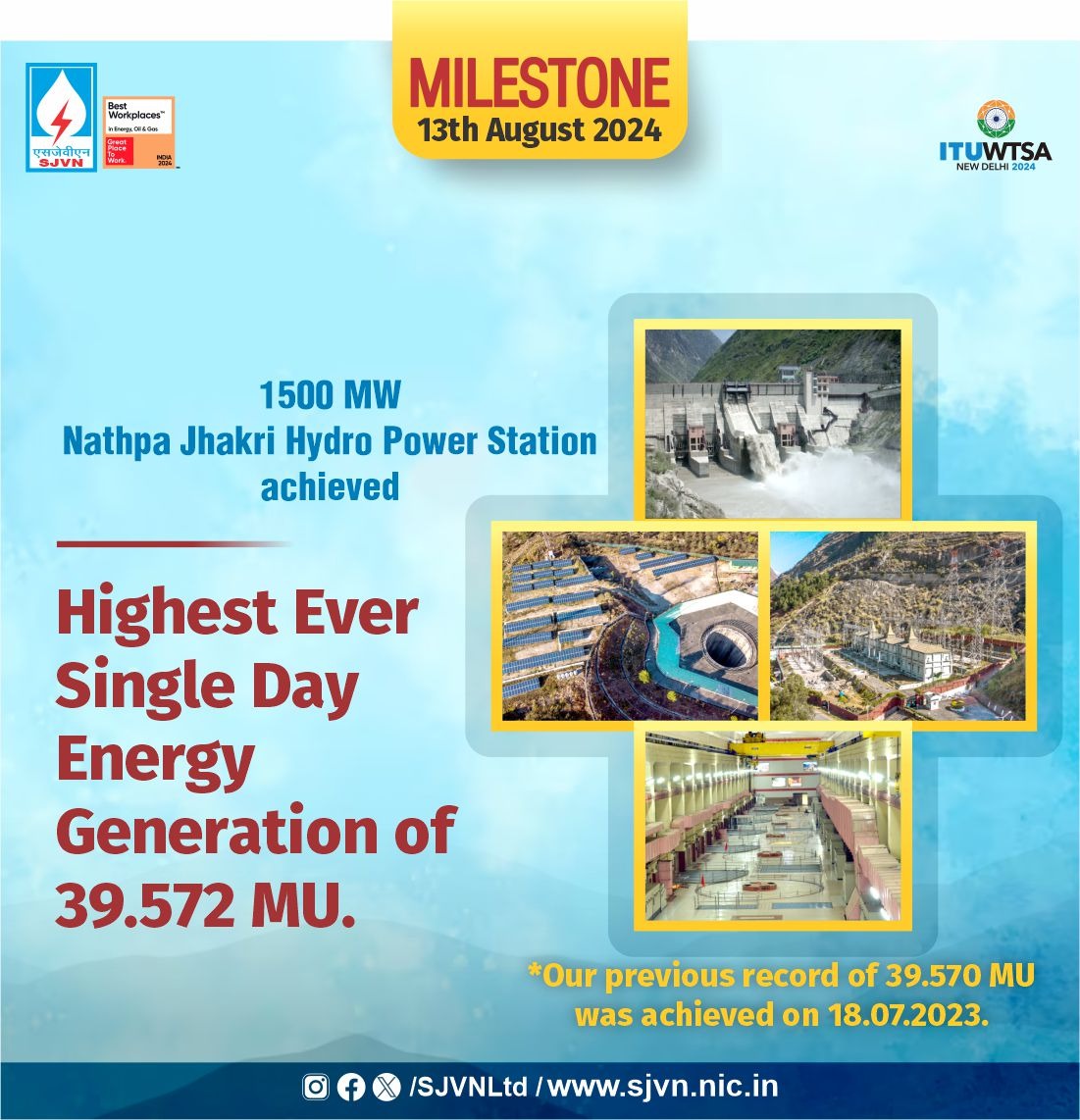 SjvnLimited's tweet photo. 1500 MW Nathpa Jhakri Hydro Power Station achieved Highest Ever Single Day Energy Generation of 39.572 million units.
@SjvnLimited @MinOfPower @power_pib #SJVN #incrediblesjvn #hydro #hydropowergeneration https://t.co/9e6LC2WCOM