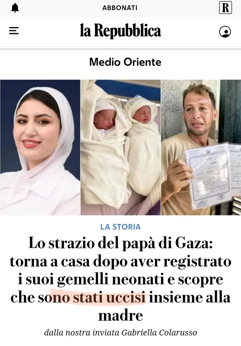 a____capo's tweet photo. Uccisi da chi? Da #Israele.
Perché #Repubblica non lo specifica nei titolo @gabriella_roux? https://t.co/q240LsQ0AN
