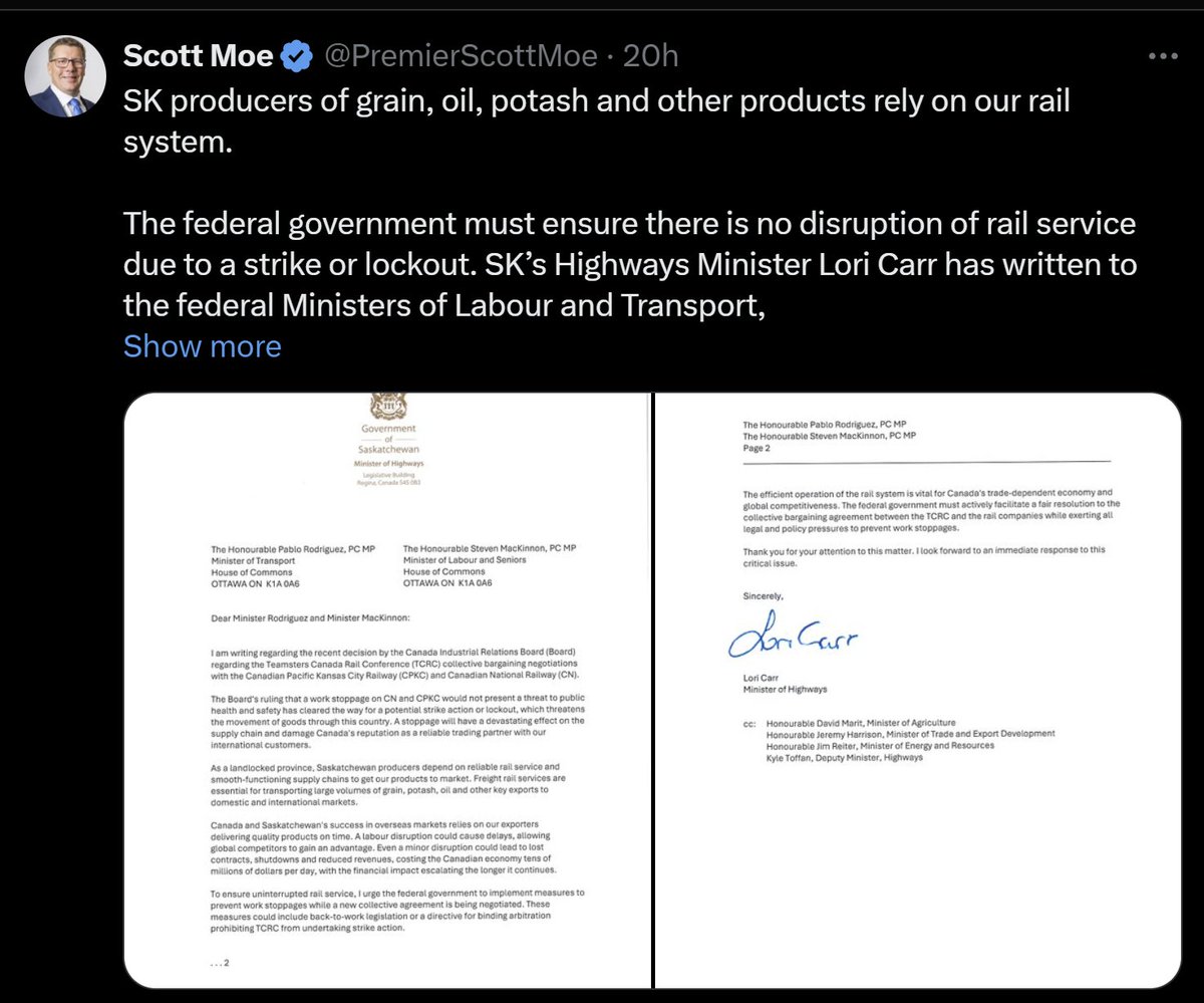 JeffWaltersSask's tweet photo. The @PremierScottMoe way of leading:

1. trumpet a blatant lie (pic 1)

2. once called out for said lie, deflect with acting tough with "Feds Bad" strawman (pic 2)

Such a sad way to govern. Folks, you deserve better

#skpoli #Saskatchewan https://t.co/L1ri6wRq3z