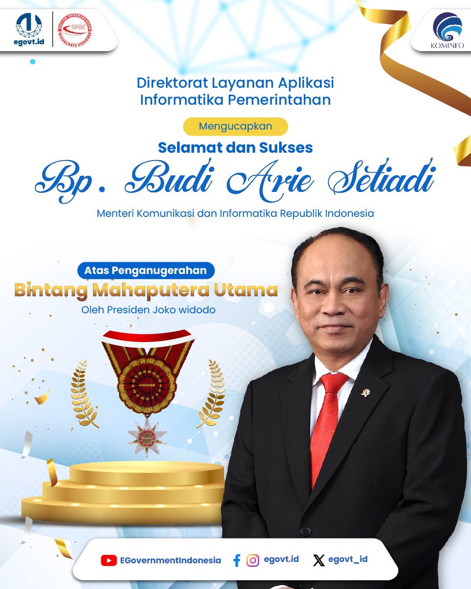 tpdkomdigi's tweet photo. Selamat kepada Menkominfo Budi Arie Setiadi atas Anugerah Tanda Kehormatan Bintang Mahaputera yang diberikan oleh Presiden Joko Widodo pada hari rabu (14/8/24)
Kami siap terus membersamai bersama memberantas judi online!
#DirektoratLAIP
#EgovtIndonesia
#IntegrasikanNegeri https://t.co/2DI5LbWZmL