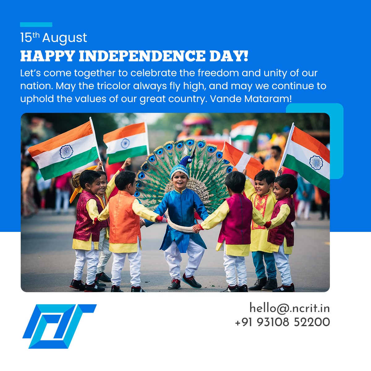 NCRITSol's tweet photo. Wishing you a #HappyIndependenceDay! May our nation continue to prosper and achieve greatness. Let’s honor the struggles of our freedom fighters and work towards building a better India. Jai Hind!
#independencedayindia #VandeMataram #UnityInDiversity #ncrit #NCRITSolutions https://t.co/mmGDqjDrUg