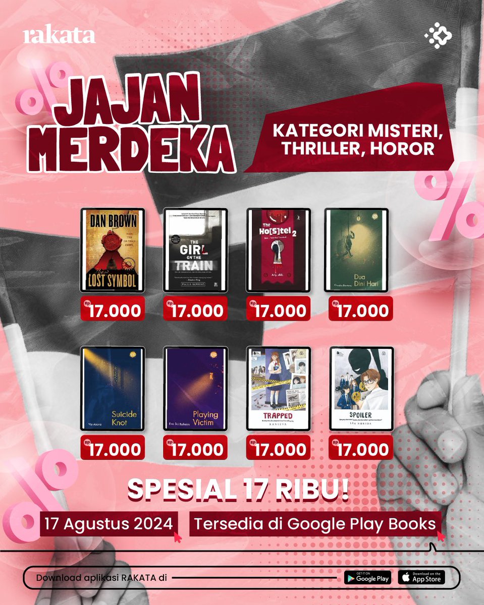 yrsoulmate's tweet photo. 17 AGUSTUSAN, SIAP-SIAP JAJAN PULUHAN EBOOK 17 RIBUAN!!!
Pembaca EBOOK yuk merapat~
Saatnya berburu promo EBOOK MURAH 17 ribu di Google Play Books!
Mulai dari thriller, buku-buku Islam, sampai klasik pun ada,loh!
Kepoin dulu yuk list bukunya disini:
https://t.co/Cn2XdduqYl https://t.co/0GEIAy53WY