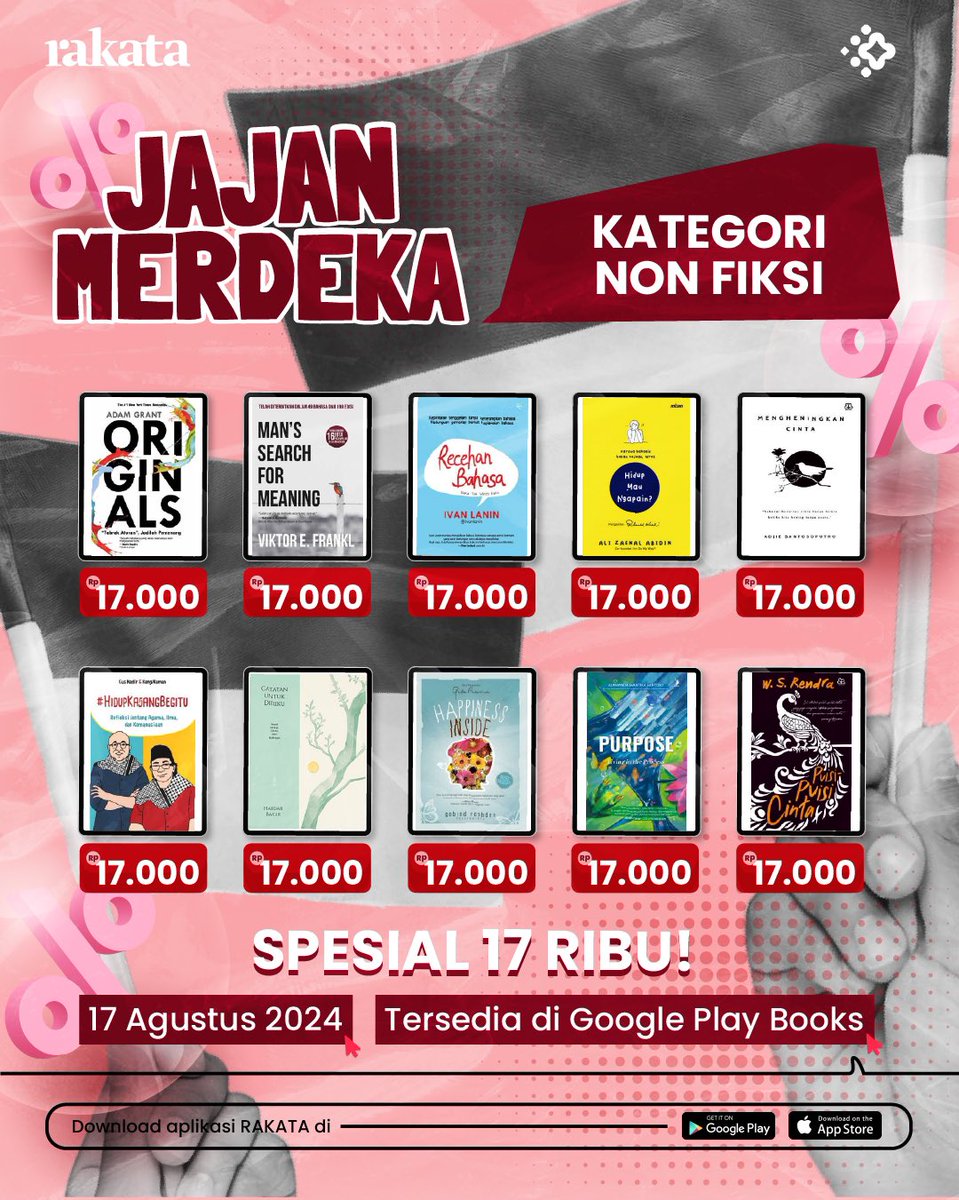 yrsoulmate's tweet photo. 17 AGUSTUSAN, SIAP-SIAP JAJAN PULUHAN EBOOK 17 RIBUAN!!!
Pembaca EBOOK yuk merapat~
Saatnya berburu promo EBOOK MURAH 17 ribu di Google Play Books!
Mulai dari thriller, buku-buku Islam, sampai klasik pun ada,loh!
Kepoin dulu yuk list bukunya disini:
https://t.co/Cn2XdduqYl https://t.co/0GEIAy53WY