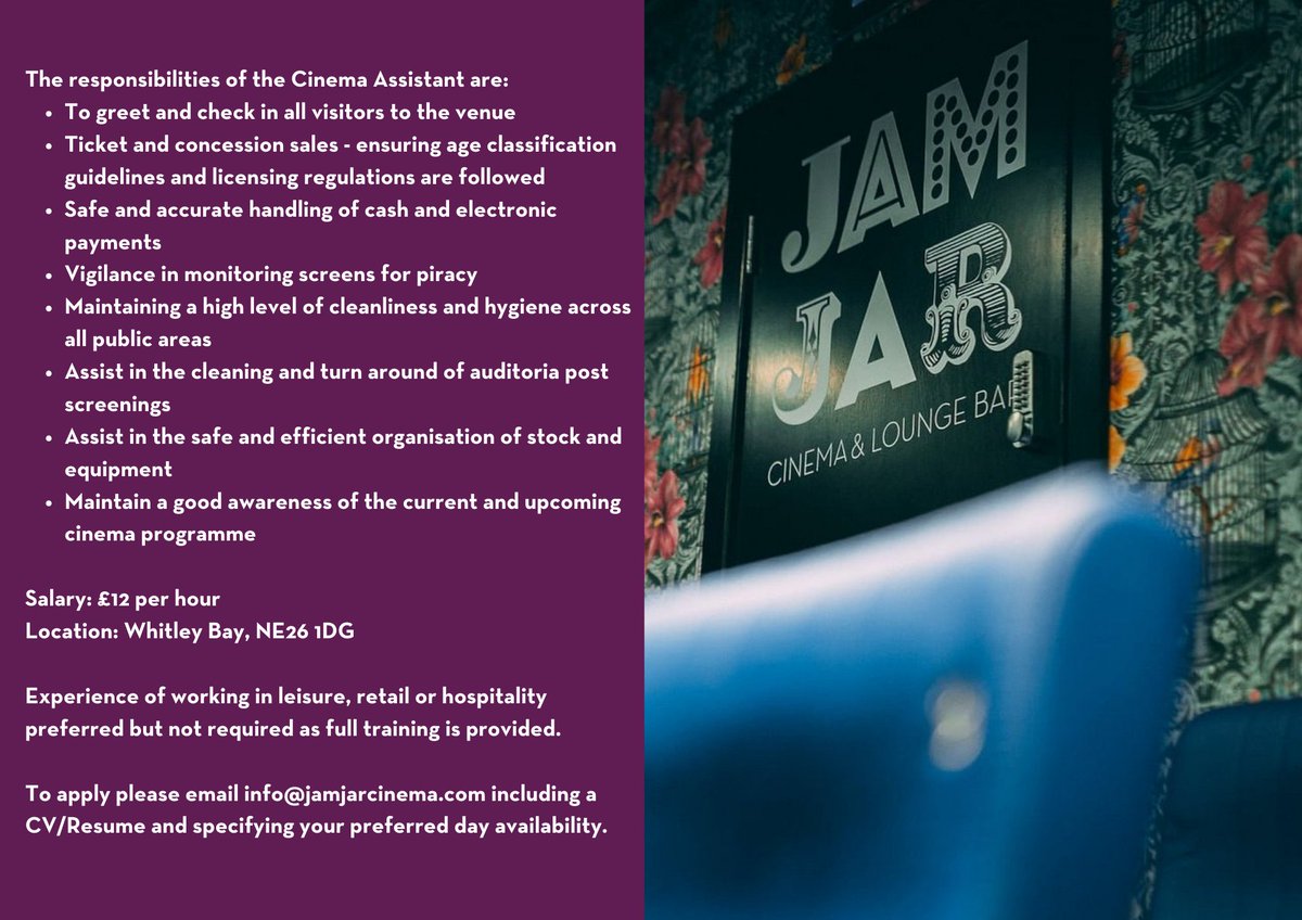 We're recruiting Weekend Cinema Assistants - Please share with anyone who may be interested in joining the team