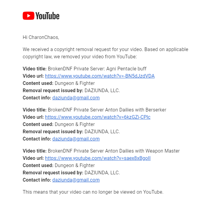 CharonChaosV2's tweet photo. Got my first copyright strike on YouTube from an old private server of mine in an offline environment. Korean developers/publishers do not like this, but this one is in me, unfortunately. I'm officially done with private server content on YouTube. https://t.co/f5FK63LF5Z