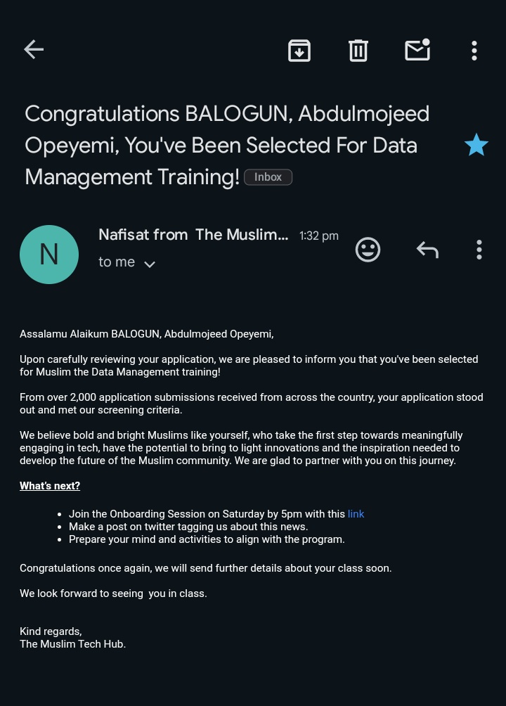 Alhamdulillah!
I'm thrilled to announce that I've been selected for the Muslim Data Management training program by <a href="/theummah_tech/">The Ummah Tech Initiative</a> .
I'm honored to be part of this innovative journey. Looking forward to learning, growing, and contributing to the Muslim community's tech future.