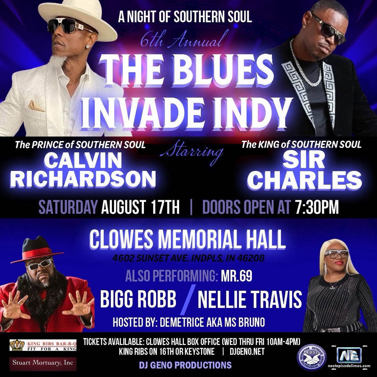 Clowes hall is open today from noon to 5p and King Ribs is on fire with just released ticket info. The Blues invade Indy. 5 Blues acts and tickets starting at 49.99. Free chicken in VIP!